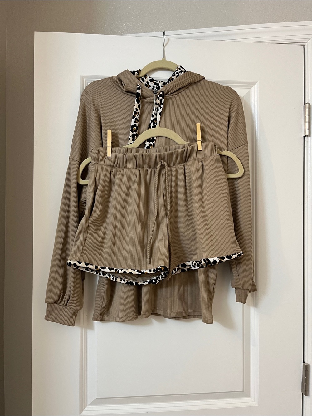 Taupe Ribbed Hoodie & Short Set with Leopard Trim